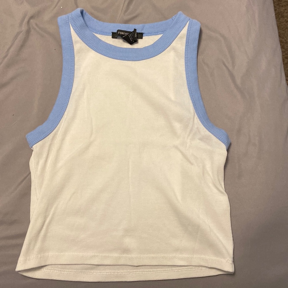 white crop top with blue trim